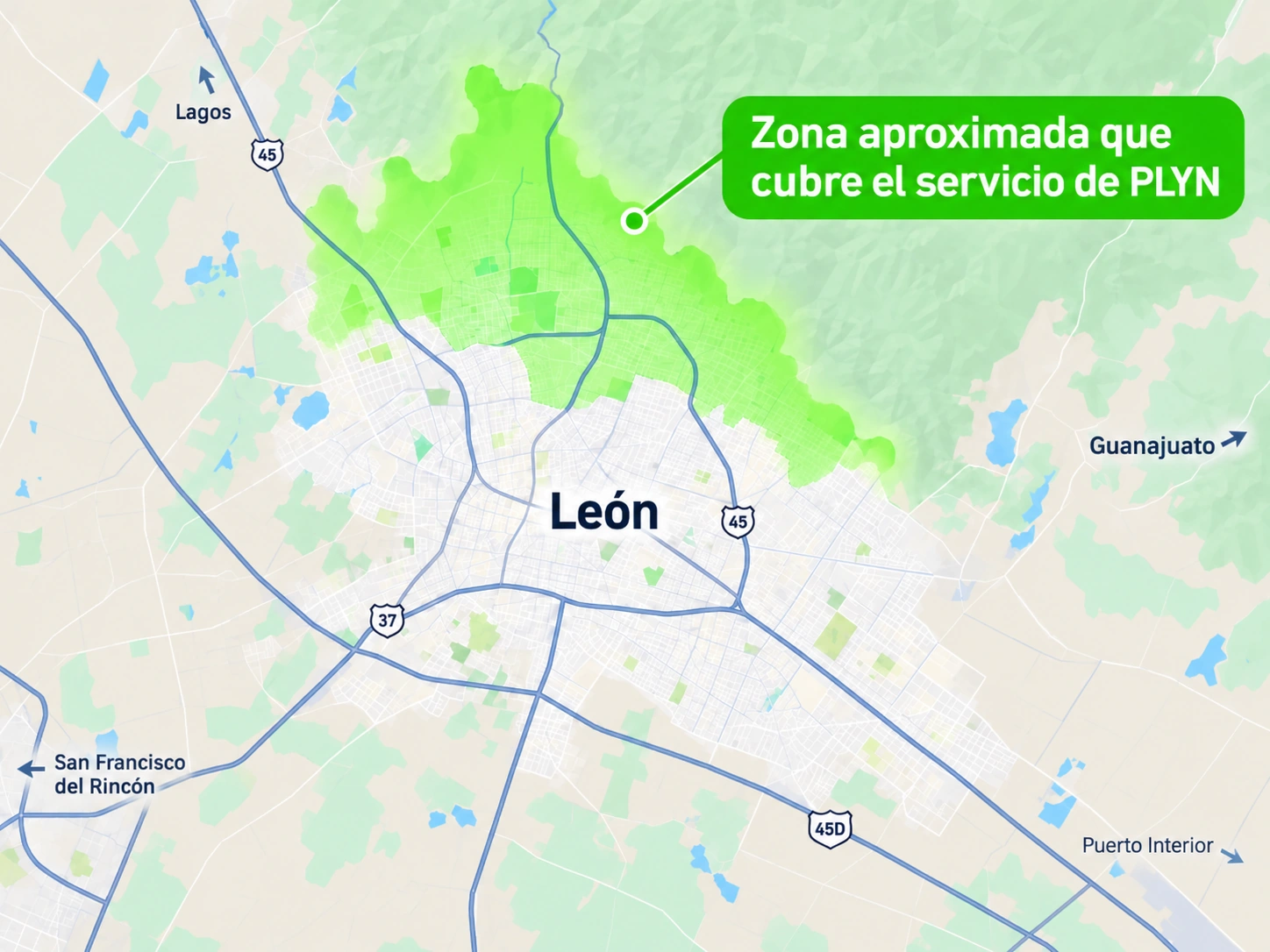 Mapa de León con referencia general a la zona norte de servicio de PLYN