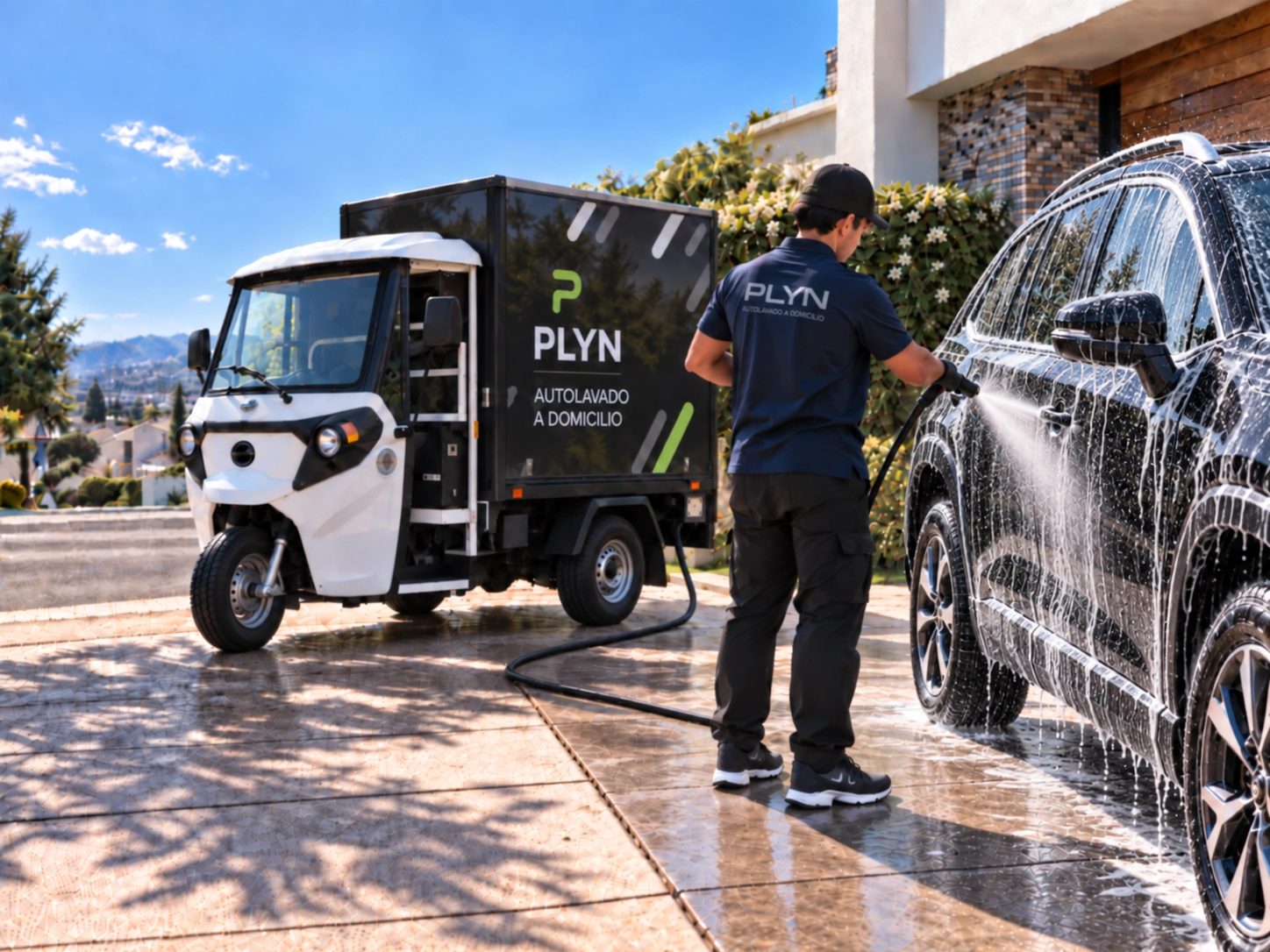 Servicio de autolavado a domicilio representado en una escena de PLYN